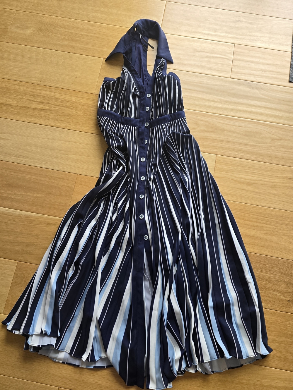 Anthropologie Navy and White Striped Halter Button-Front Midi Dress